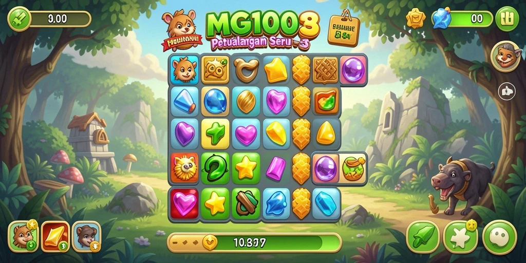 Tampilan gameplay seru MG108 dengan level dan karakter unik.