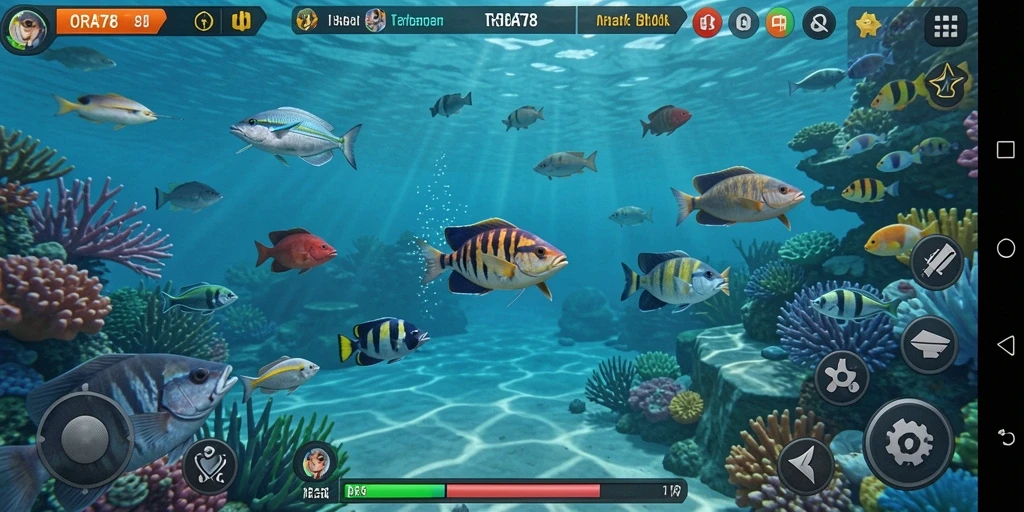 Screenshot gameplay ORA78 menampilkan serunya menembak ikan dengan teman.