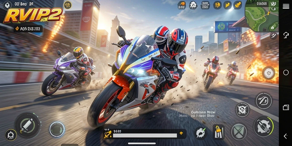 Screenshot gameplay RVIP2 menampilkan aksi balapan motor yang menegangkan.